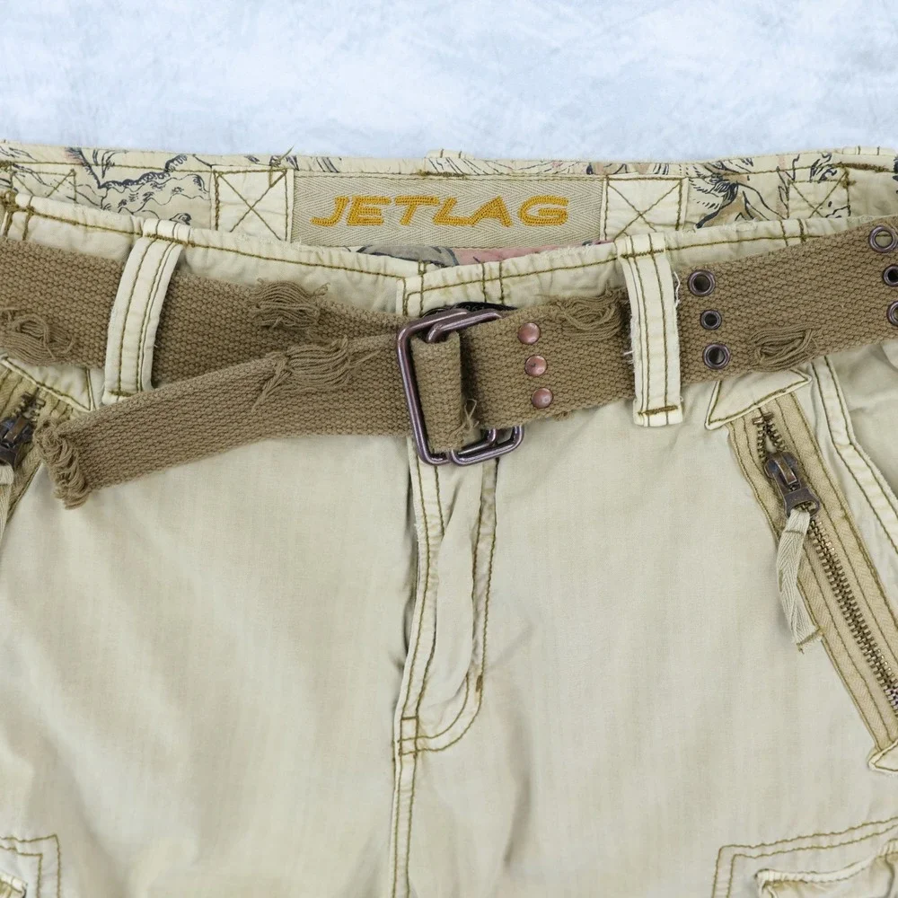 Jet Lag Cargo Shorts Mens 38 Tan Distressed Gorpcore Vintage Y2K Streetwear Belt